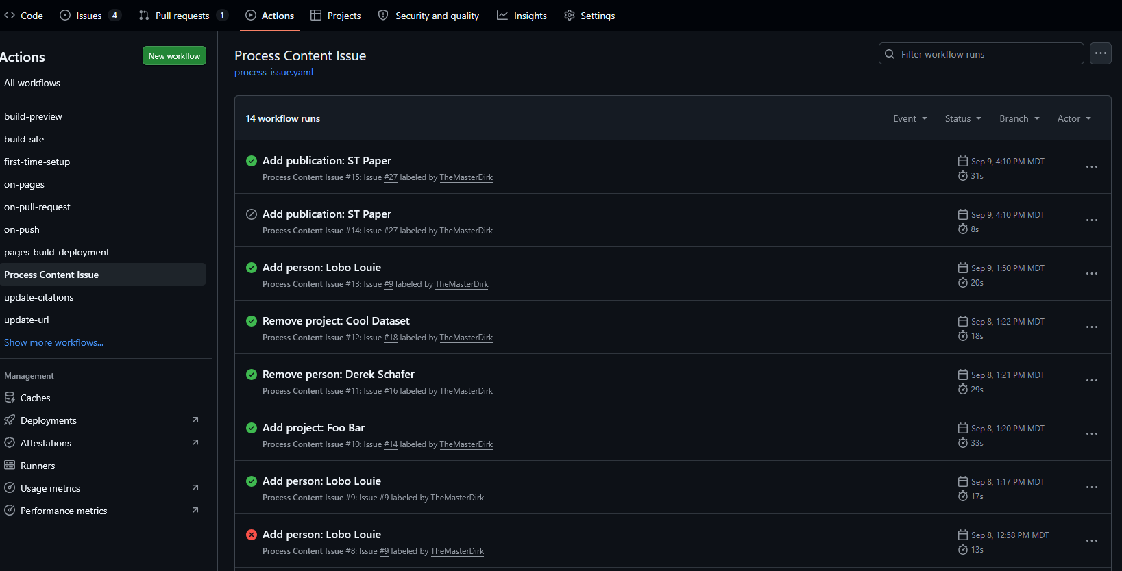 Image showing GitHub actions page