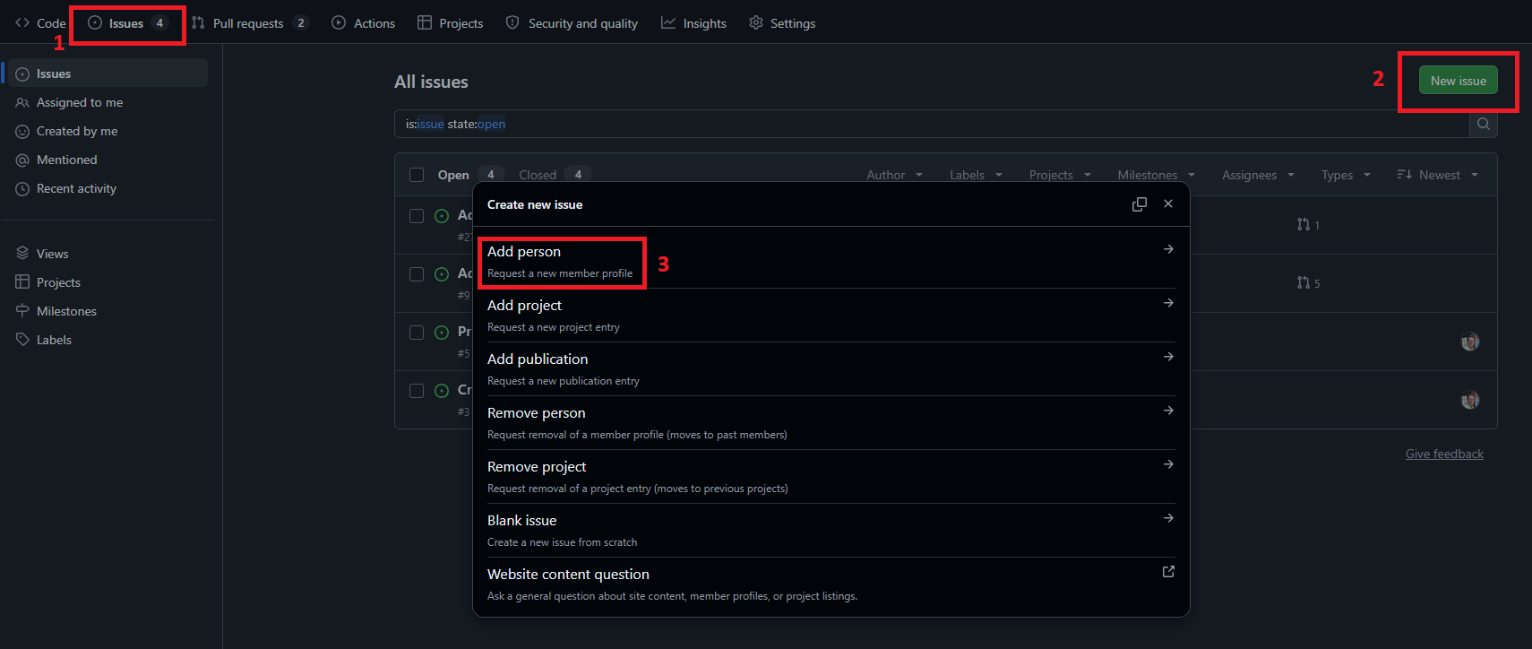 Image of how to add a person via a GitHub Issue form