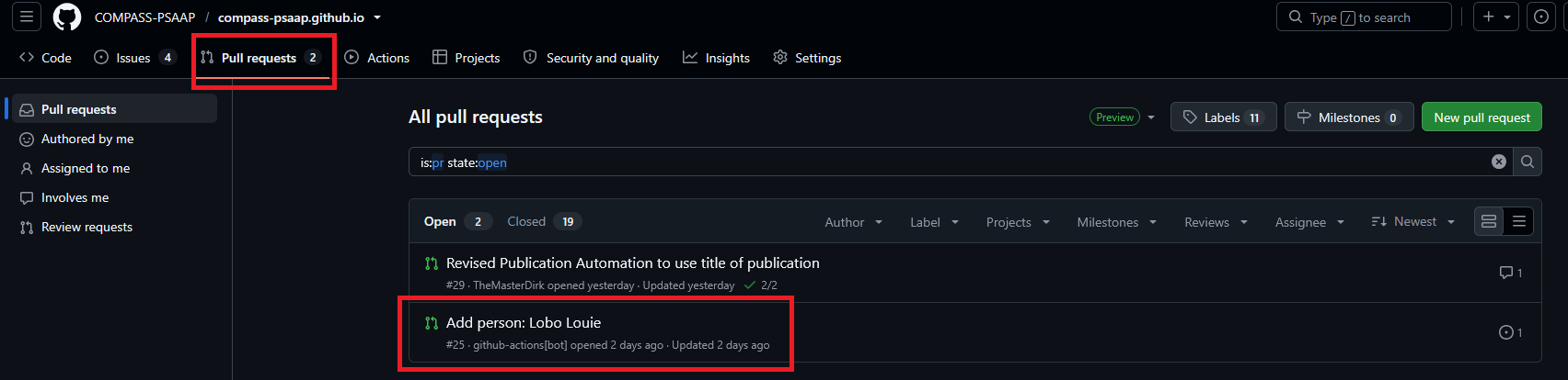 Pull Request Page Showing Example PR